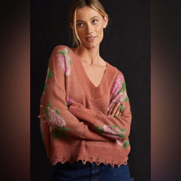 Sweaters - Anthropology Drop Shoulder V-Neck Sweater, Pink Combo - XS